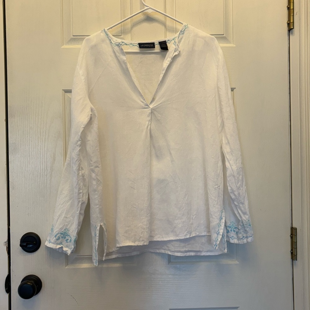 Liz Claiborne 100 percent linen White Embroidered Women's Top Size L